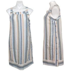 Multi Color Vertical Stripe Linen Sleeveless Dress with Keyhole Back Button Side
